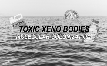 Black and white photo of body of ocean water with plastic water bottle, a weed killer tank, and a circular birth control package, floating above the water. "Toxic Xeno Bodies" in black and "Molecular Colonization" in white are typed across the center.