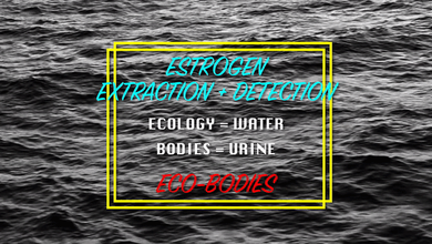 An image of a body of ocean water behind blue, white, and red text inside two graphic yellow squares stacked.