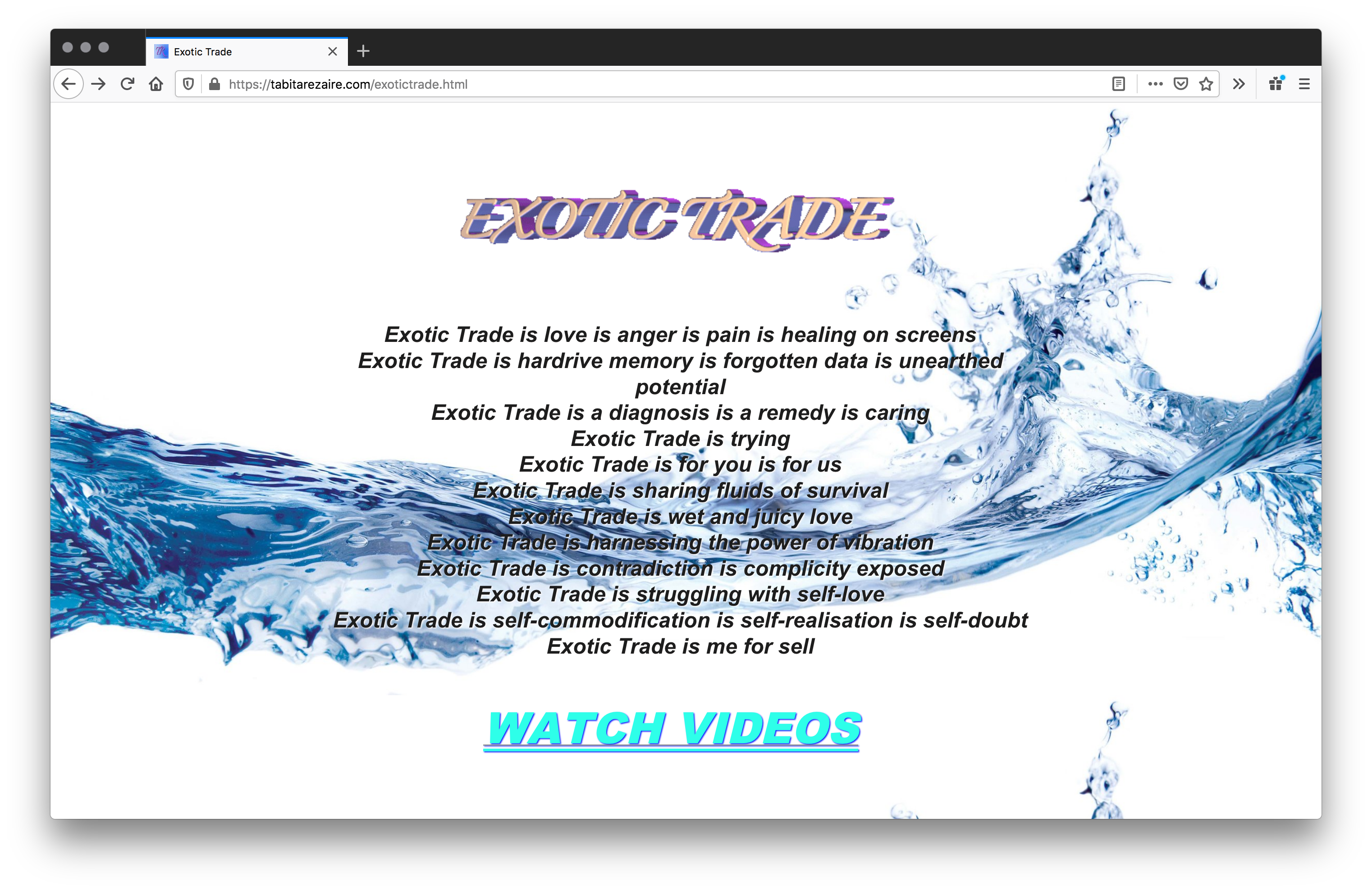 Website screenshot with a pink script that says “Exotic Trade” and centered black text atop a zoomed in wave of water