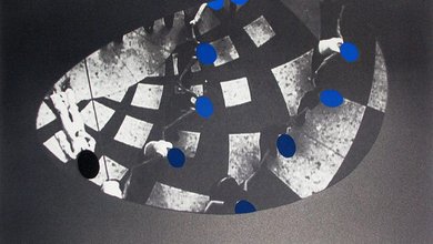A black and white distorted spiral collage showing a group of people holding hands within an egg-like frame. Blue or black dots cover the faces of each person.