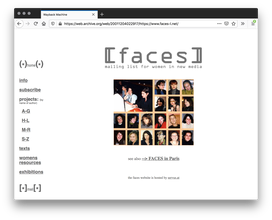 Screenshot of a white webpage. A list of grey underlined text flanks the left. The mailing list logo is placed largely as a header at the top and a square beige grid with windows to headshots of different women is placed in the center.
