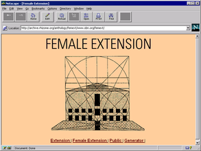 Screenshot of a vintage Microsoft webpage with a orange peach background and "Female Extension" largely typed as the header. A gridded architectural geometric graphic largely takes up the center. On the bottom is a menu row of red underlined text.