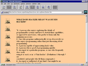 Screenshot of a vintage Microsoft webpage with a orange peach background and numbered list of what it means to be a hacker. The left has architectural geometric graphic icons tiled in a column.