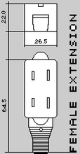 A black and white 2D lo-fi graphic showing numerical measurements of an electric extension chord and its outlet on a grey background.