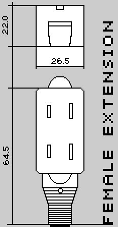 A black and white 2D lo-fi graphic showing numerical measurements of an electric extension chord and its outlet on a grey background.