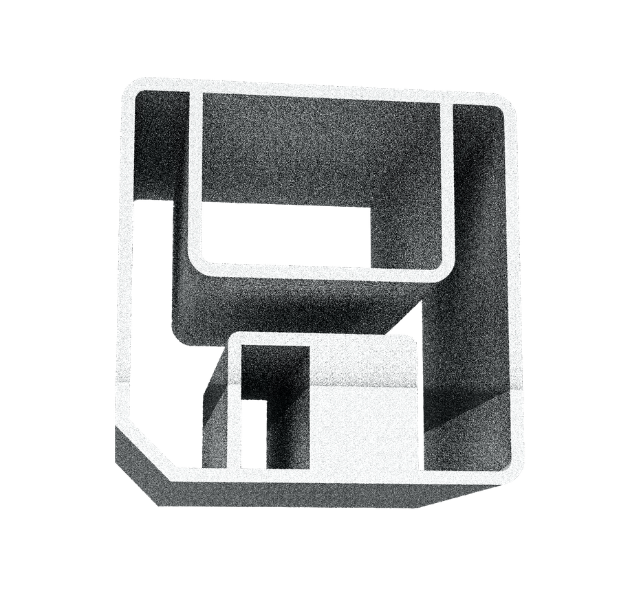 black and white extruded 3D render of a floppy disk