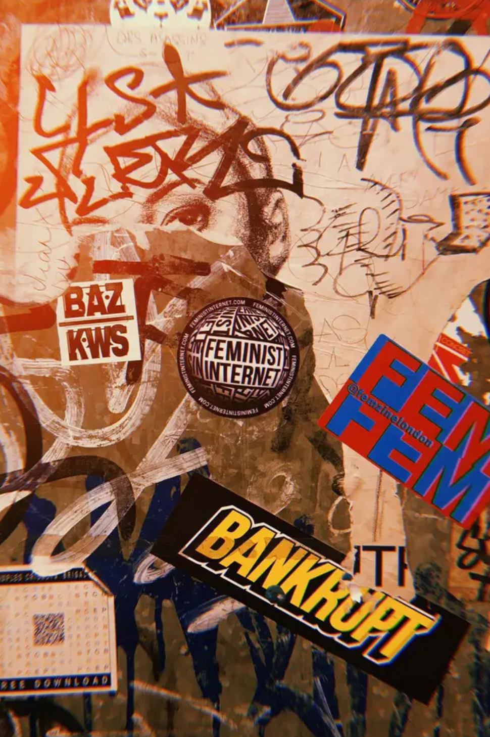 Photo of a metal wall that one would find in a techno club bathroom filled with scribbles of graffiti, old and ripped up posters, and stickers pasted all over.