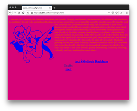 Screenshot of pink website with red text. A blue graphic illustration of naked women wearing heels wrestle each other in the top left corner. There is blue underlined text on the middle right.