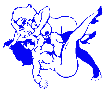A blue graphic illustration of two bodacious naked women wearing heels and one wearing stockings while grabbing one another by the hair or the face and wrestling each other.