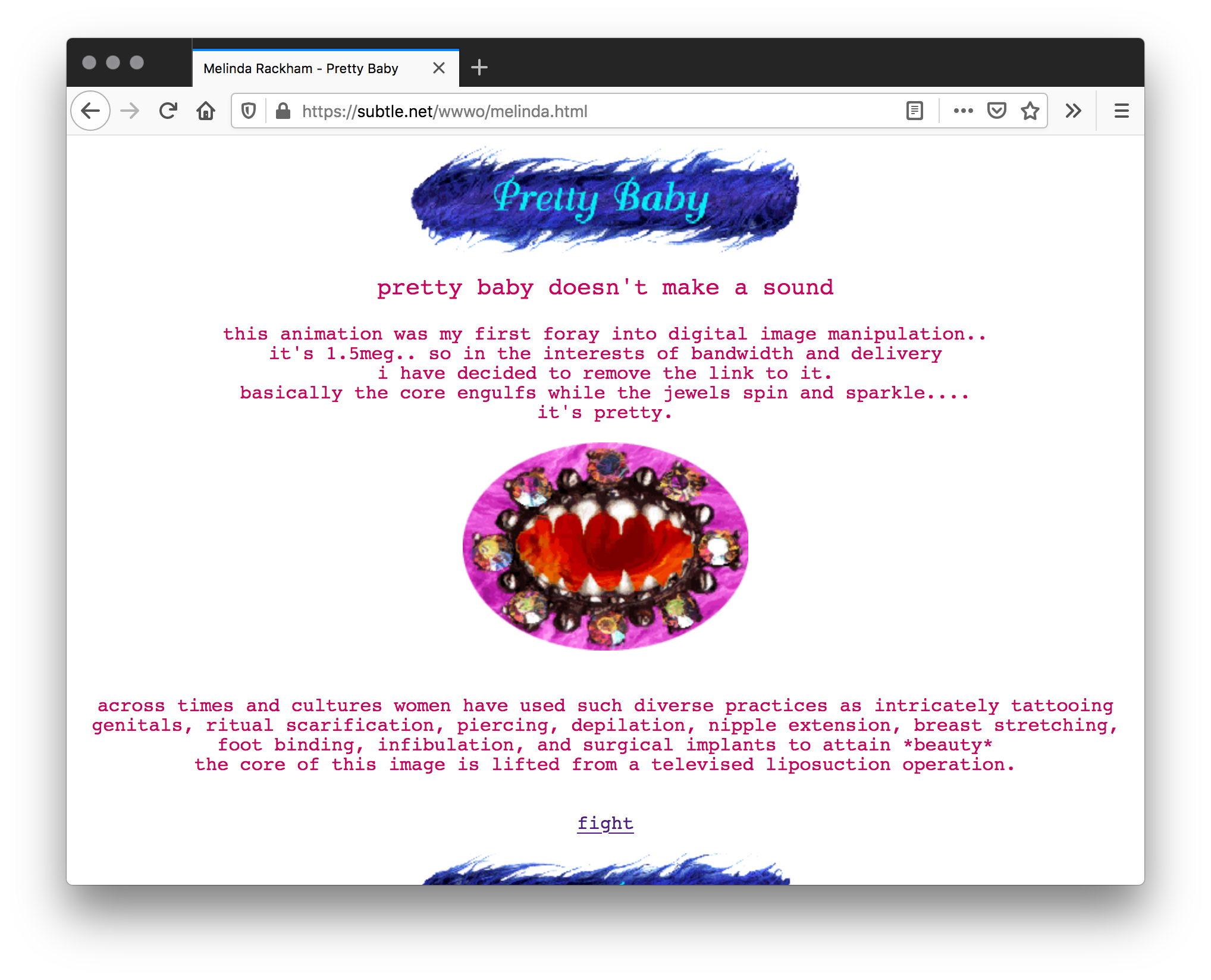 A white webpage with a blue furry header and "Pretty Baby" as the title and pink text. The center shows a circular pink graphic image of of an opened mouth with crystals along the edges and sharp white teeth inside.