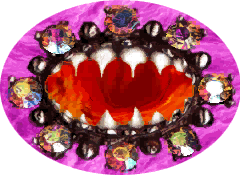 A graphic image of an opened mouth with sharp and pointy white teeth with crystal gems placed along the edges of the mouth. The background is made of a pink fur texture.