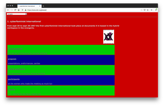 Screenshot of a red webpage with grey text and a small rectangular poster white, black, and purple logo on the bottom right of the text. Alternating green and blue rectangles with grey text are stacked in a column and go down the page.