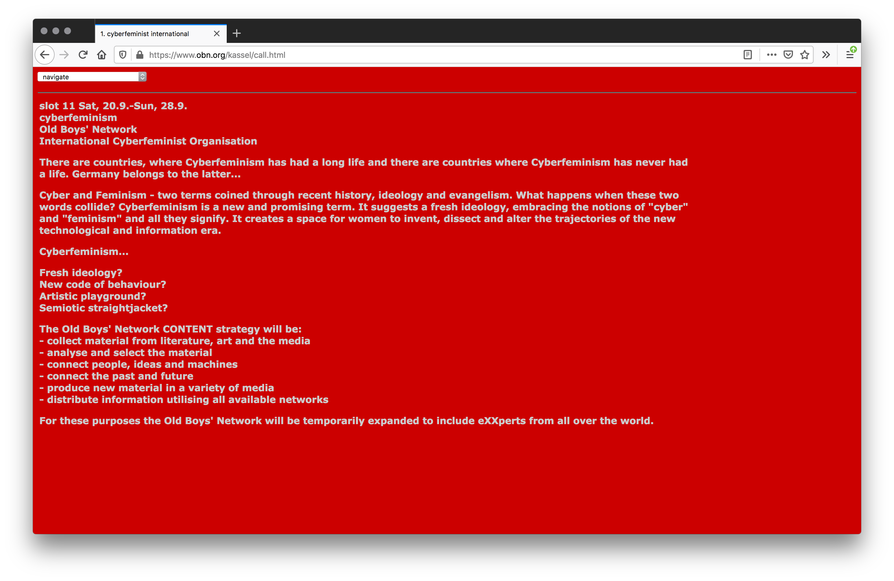 Screenshot of a red webpage with grey text going across the page.