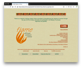 A webpage with a tan weaved fabric background. Orange, red, green African textiles column across the page. The top and bottom have has green text and the left has a column of links in orange underlined text. An orange flame logo sits on the left.