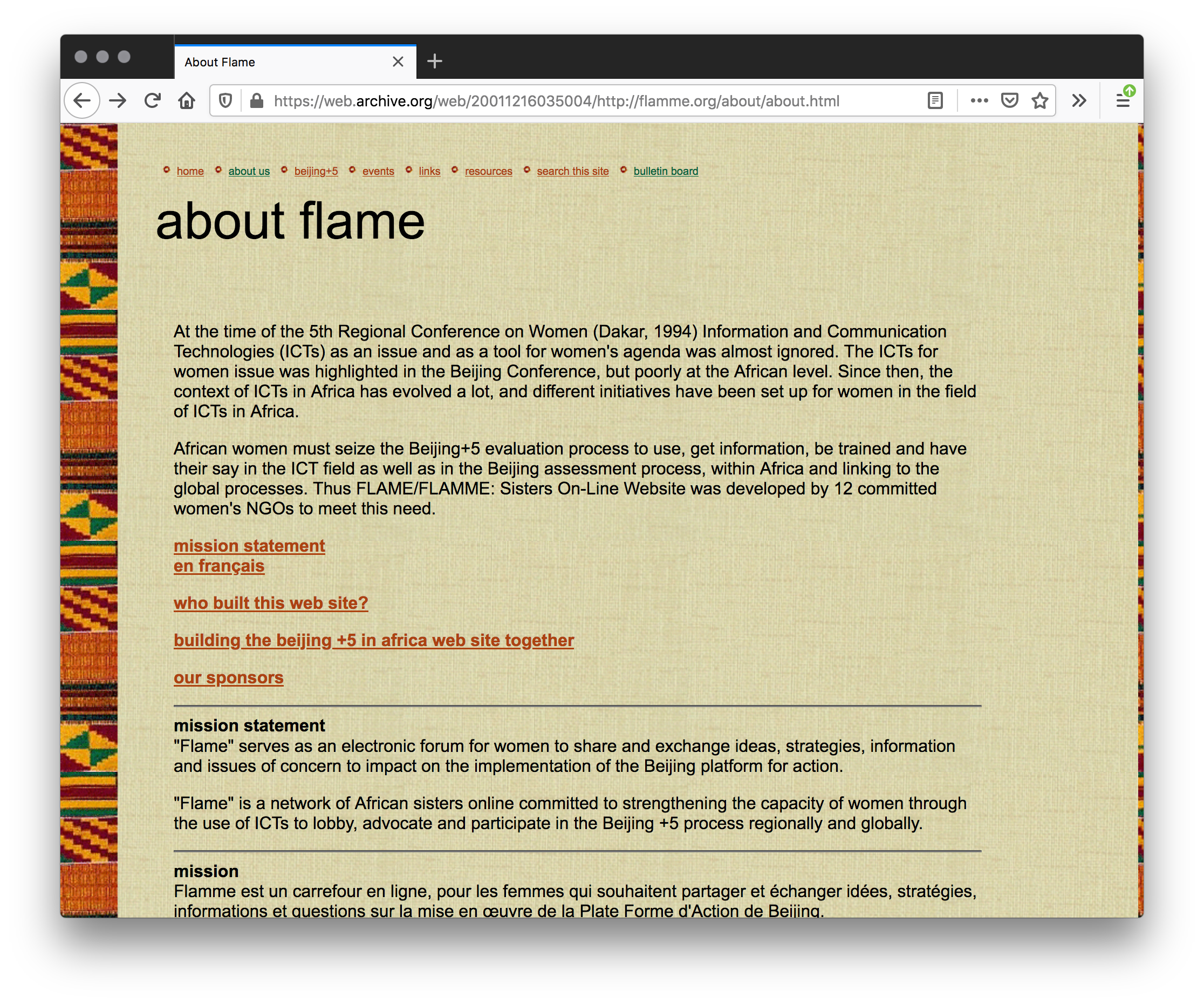 A webpage with a tan weaved fabric background. Orange, red, and green African textiles column the left and slightly on the right of the page. Black text, orange underlined text as links, and black lines as page dividers fill the page.