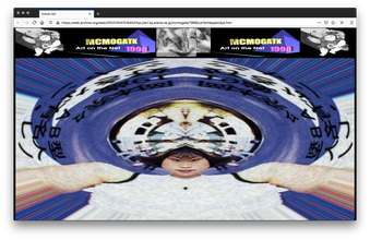 Screenshot of website with an Asian woman with spherized effect in the background. The header shows a cartoon and logo with a purple pyramid, and a black and white image of a hand pressing down on a body.