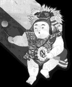 Black and white illustration of person wearing a porcupine headdress, traditional clothing, playing traditional a drum that drapes over their torso.