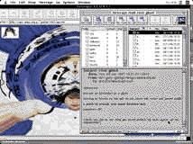 Screenshot of vintage desktop with a grey window with a menu, and columns, like a search directory, opened in front of a graphic image with a spherized effect of a woman in a blue background.