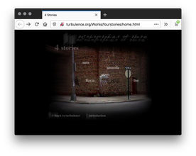 Screenshot of webpage with three names in white typed on a street and brick building corner photograph. A black vignette and blurred grey text blankets the image, creating an ominous haze. The header has four vertically stacked planes and grey text.