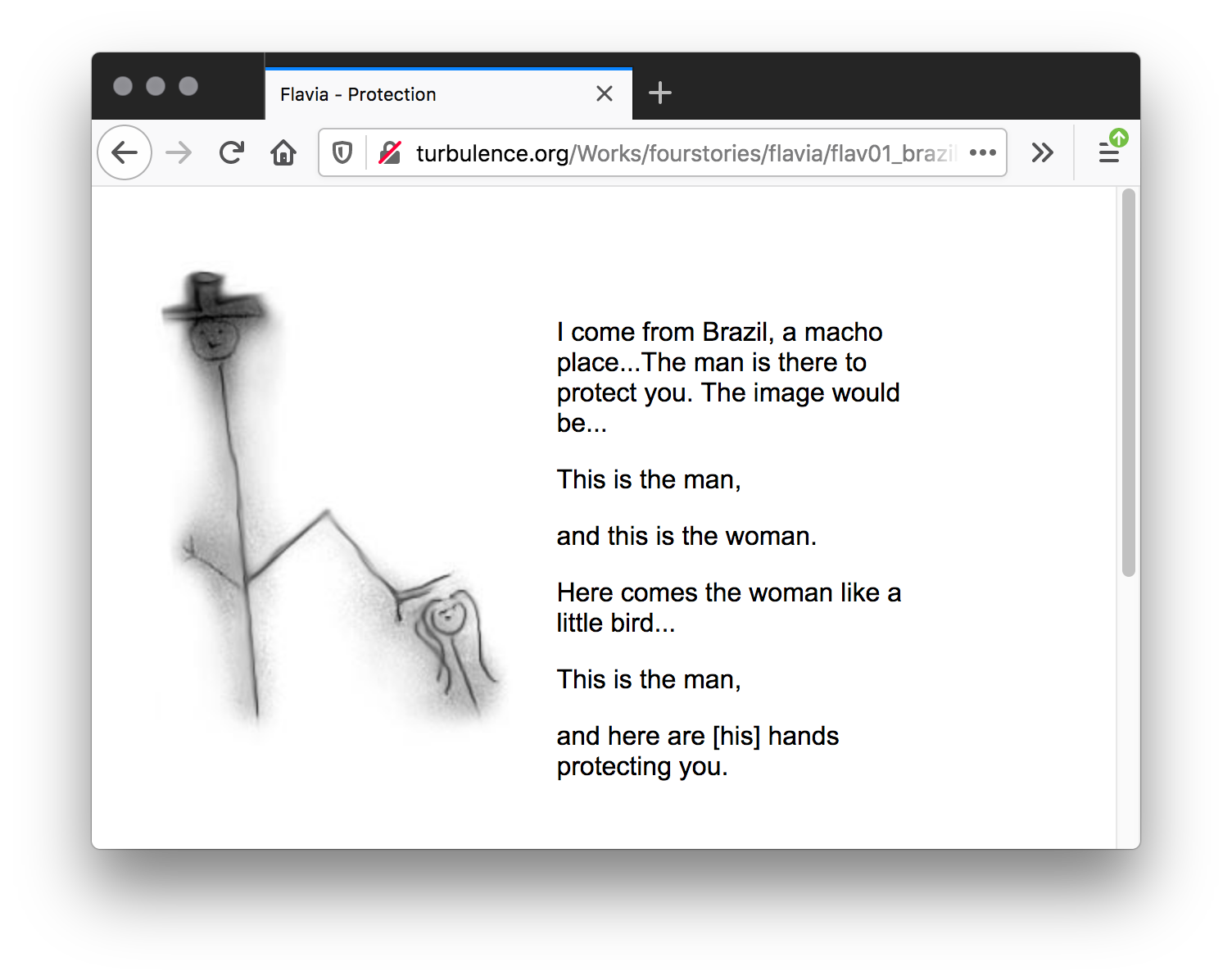 Screenshot of a white webpage. The left has shows a poem typed in black and the right shows a stick figure drawing of a man wearing a hat and a smile hovering his hand over the head of a younger girl.