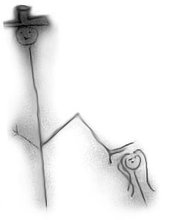 A stick figure pencil drawing of a man wearing a top hat and a smile hovering his hand over the head of a younger girl.