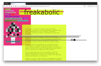Screenshot of Freakabolic website with a white background. A pink rectangle sits on the left with Freakabolic and paragraphs of text on a yellow background slightly layered on top