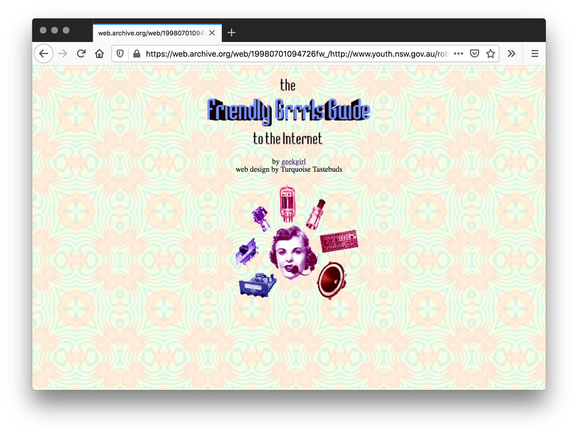 A screenshot of a website with a vintage geometric minimal floral-like pastel background. There is a banner of blue 3D text at the top and a graphic of a woman talking into a headset microphone while computer hardware pieces circulate her.