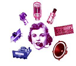 A mid-century white woman talking into a headset microphone. Pink, purple, and blue computer hardware pieces circulate her head.