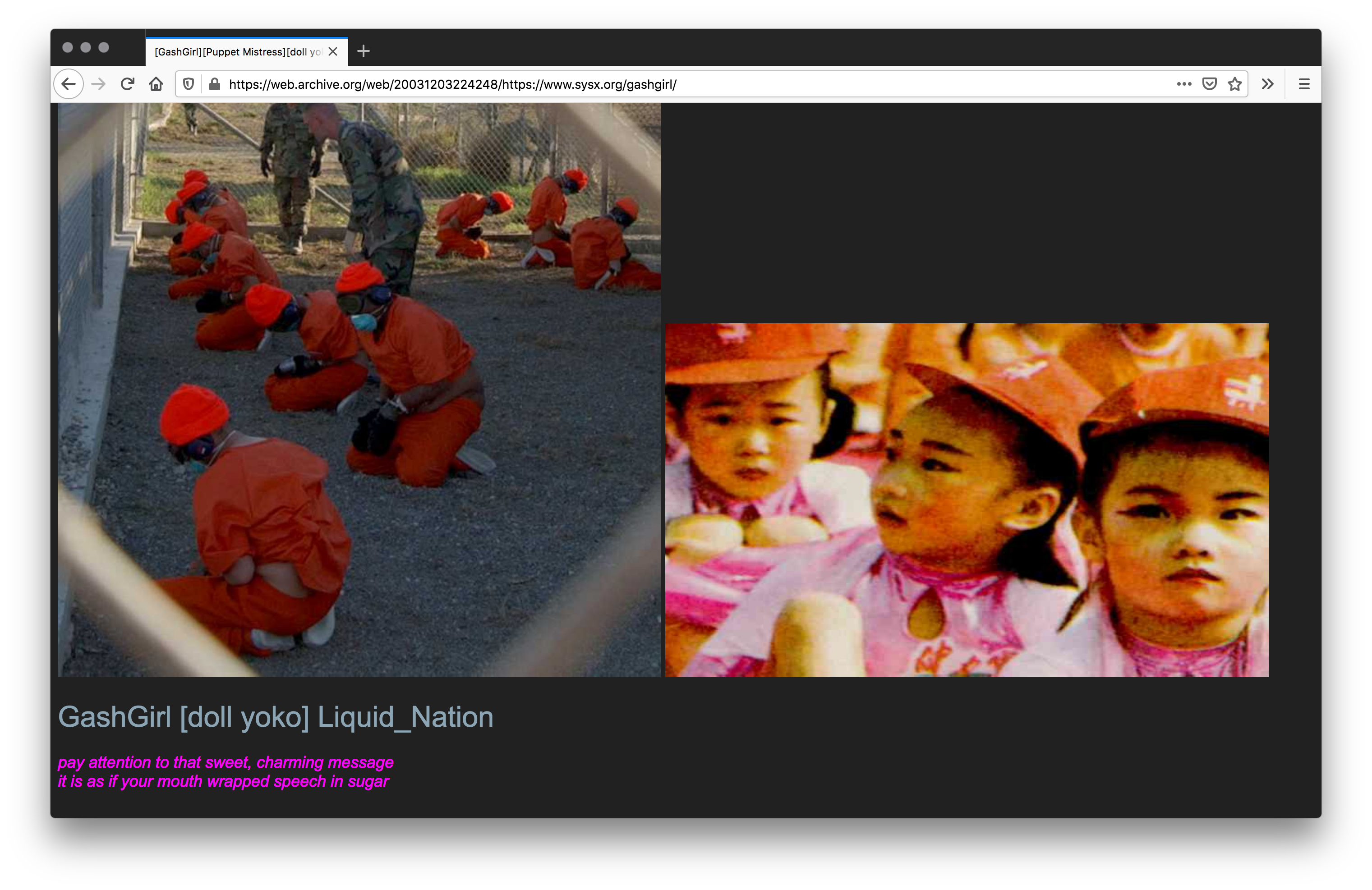 Screenshot of webpage with an image of inmates sitting helplessly on their crossed legs, wearing masks, goggles while army men yell at them next to an old image of Asian school pre-school girls wearing orange hats and pink uniforms sitting in an assembly.