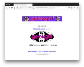 A screenshot of a simple website of the geekgirl hyperzine with a white background, a purple banner with pink text on top, and the Geek Girl logo in the middle. Very minimal and bare information. Links to various relevant sites.
