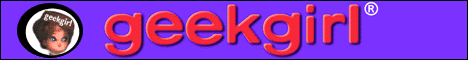 A banner with a purple background and a strong coral red "Geek Girl" text in all lowcaps. To the left, there is a graphic illustration of a blue eyed early 20th century female doll wearing a brown hat that has a white "geekgirl" logo.