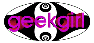 Logo of a pill shape outlined in black. Inside there is is a 3D "Geek Girl" text in all pink and lowcaps. Behind is a black and white mirrored graphic rorschach test-esque image with concentric circles on the middle top and bottom.
