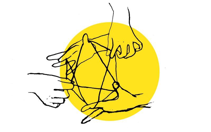 A yellow circle with a drawn black graphic outline of two sets of hands playing cats cradle with a string, creating a hexagon with one inverted and one upright triangle.