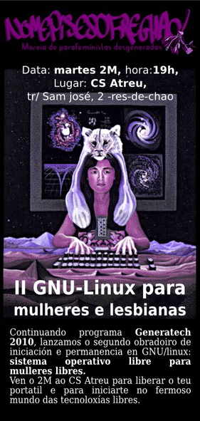 A thin poster with a black background with a purple title and white text. In the middle is an indigenous woman wearing an animal skin on her head