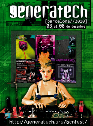 A Generatech poster with a greenbackground and grid of images with a white woman with a mohawk sitting in the front