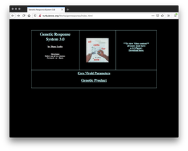 A black webpage with a box outlined in baby blue sectioned into a row of three squares and a long rectangle below. The center has an image of hands configuring a grid of cells with bold red text scattered. Baby blue and white text fills the rest.
