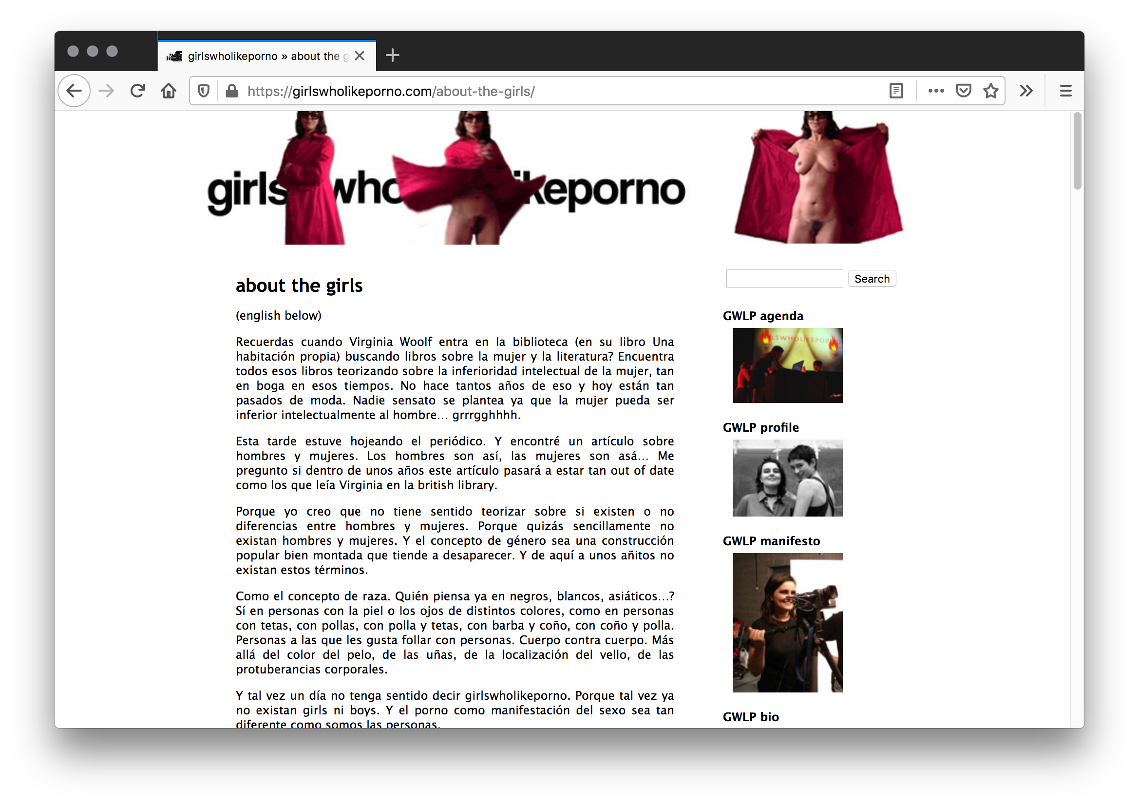 Screenshot of a white webpage filled with black text and a search bar above a column of images to the right. The header has black bold text behind a female exhibitionist wearing a red coat showing the process of exposing her naked body in three images.