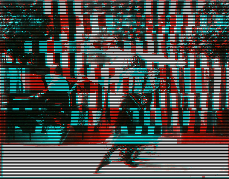 A black, cyan, red, and white glitched image of a dancer dancing to a man playing the piano outdoors. The American flag and its stars are almost subliminally scattered as the sky of the image.