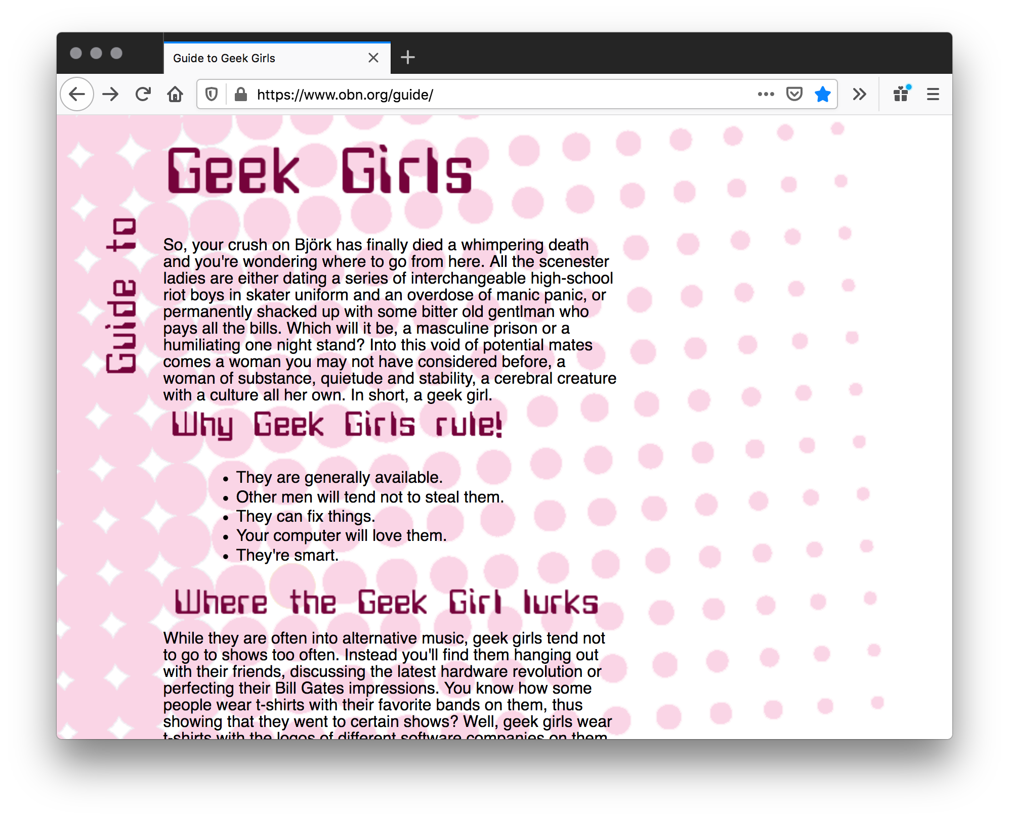 A webpage of a guide to geek girls, why they rule, and where they lurk written in black paragraphs and maroon blocky tech font headers on a pink and white retro dotted halftone comic background.