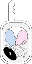 a white key with a blue and pink facial silhouette kissing