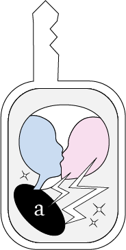 a white key with a blue and pink facial silhouette kissing