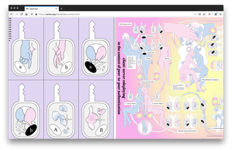 website screenshot with two sides, the left has a purple background with 6 white keys with different blue and pink blobs, the right hand side has a pink background with blue and pink figures in different sex positions