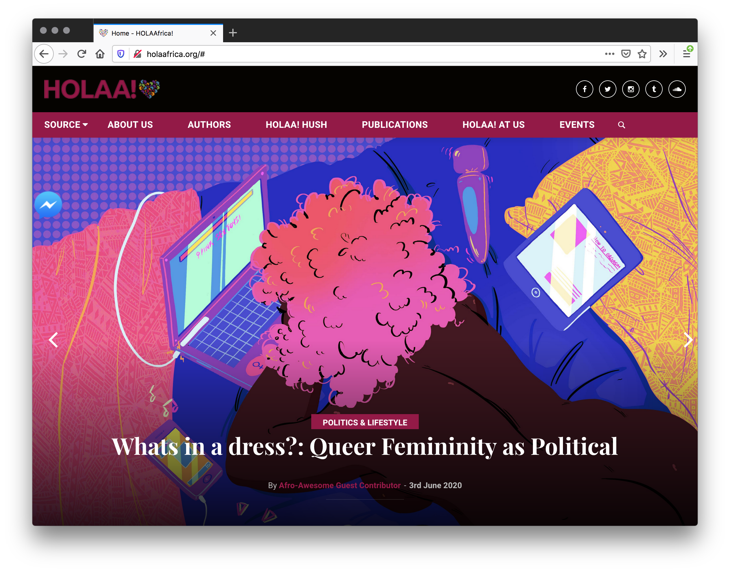 Screenshot of a webpage showing a bright and colorful illustrated cover to a politics and lifestyle article. A woman with pink curly hair uses her laptop while lying naked on her bed. A purple vibrator, phone playing music, and tablet lay beside her.