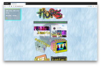 Screenshot of HORS website with a blue textured background and a centered column of 90s-style stickers and images of computer ephemera in bright colors