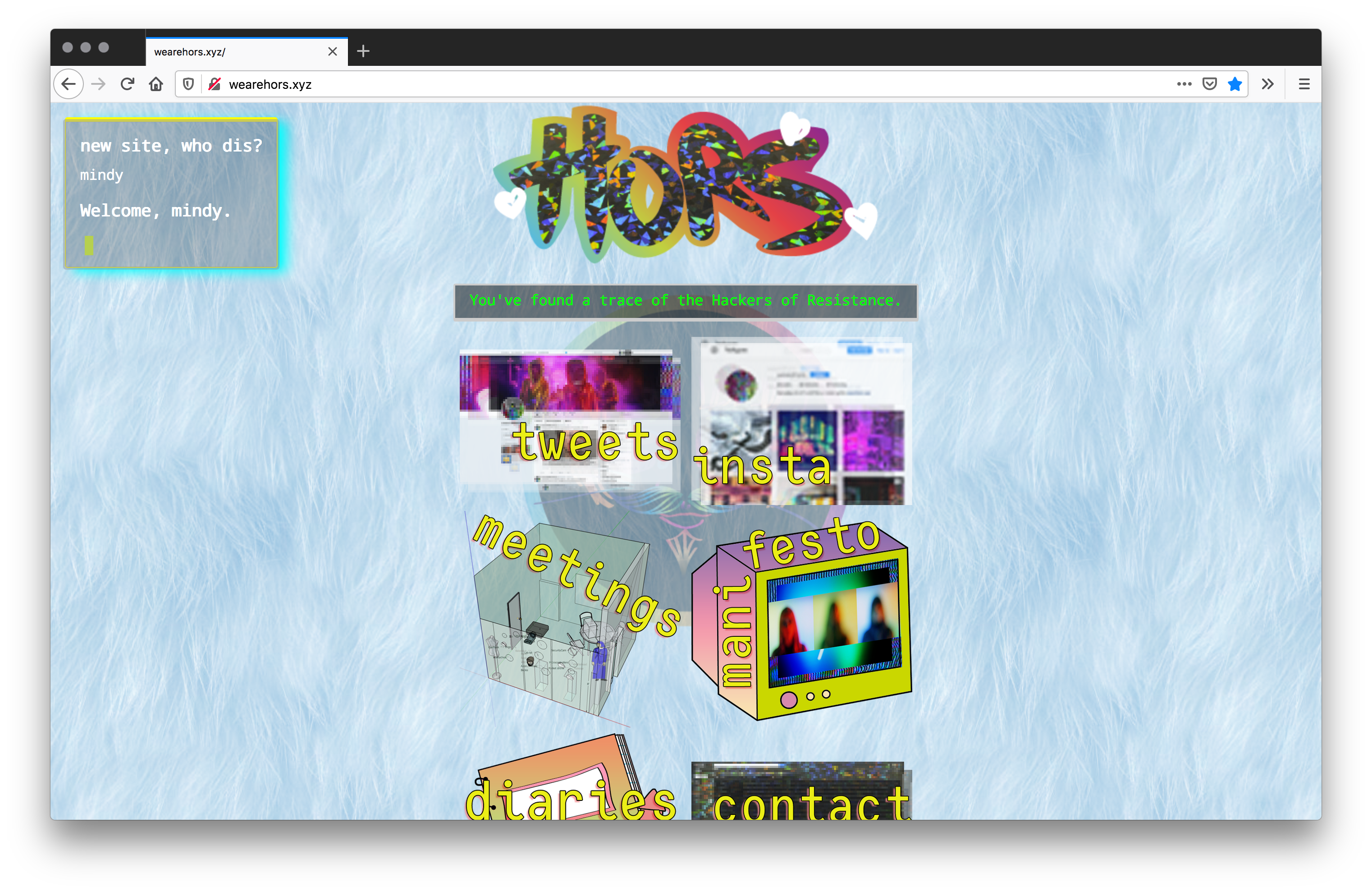 Screenshot of HORS website with a blue textured background and a centered column of 90s-style stickers and images of computer ephemera in bright colors
