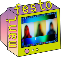 manifesto logo has a purple to pink gradient with a yellow cover and yellow text