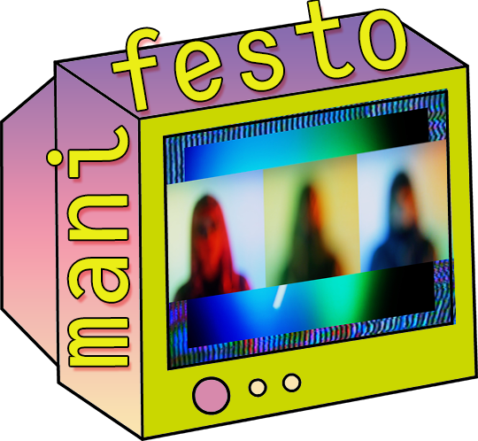 manifesto logo has a purple to pink gradient with a yellow cover and yellow text