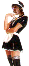 A graphic of a female wearing a short black maid dress, thigh-high boots, and a white waist apron with a matching headband seductively stands on one leg, left arm across her body holding the right arm as her fingers caress her slightly tucked chin.
