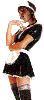 A graphic of a female wearing a short black maid dress, thigh-high boots, and a white waist apron with a matching headband seductively stands on one leg, left arm across her body holding the right arm as her fingers caress her slightly tucked chin.