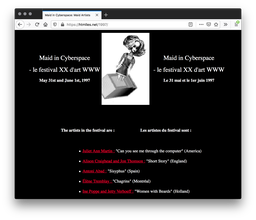 Screenshot of a black webpage. A black and white graphic of barbie doll head with graphic body wearing an apron, stands knee deep in a computer screen is pasted in between two large white texts. A list of artists in red and white text fills the rest.